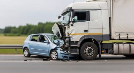 Car accident with big truck and blue passenger automobile. Damaged vehicle after collision on road. Insurance claim and road safety concept for transportation.