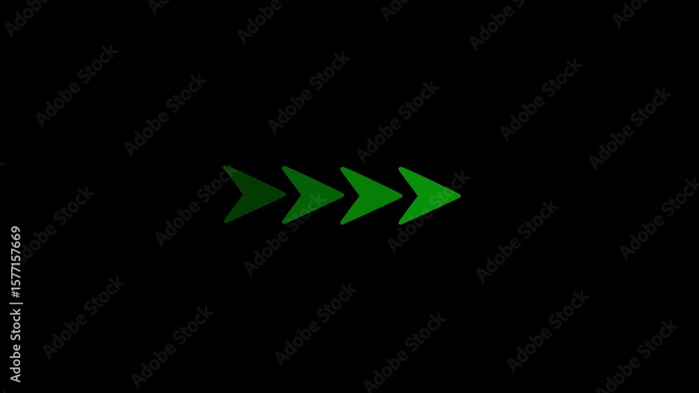 Poster four green arrows pointing rightward on a black backdrop representing movement and direction