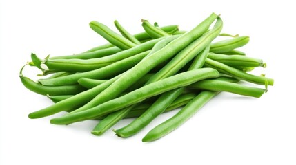 Fresh green beans piled on white background