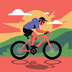Fototapeta premium Male Cyclist Riding Coral Bicycle at Sunset Vector Illustration Flat Style Design Vivid Colors Green Hills Orange Background Active Lifestyle Summer Sport Recreation Outdoors