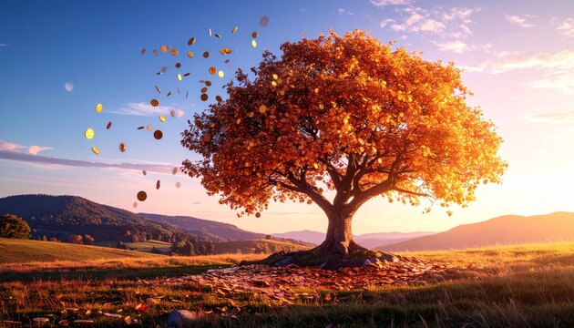 golden tree of wealth with falling coins symbolizing financial growth and prosperity