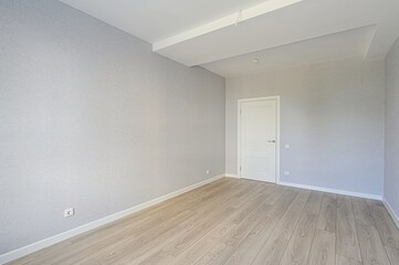 Empty room with light gray walls, wood flooring, and a white door. Clean and simple interior design