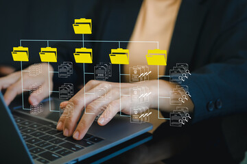 Document management system DMS. Folder structure and classification system. File and folder icons....