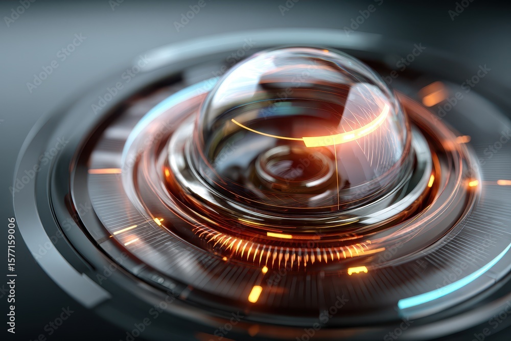 Poster futuristic design featuring a glowing orb with intricate patterns and lighting effects on a dark bac