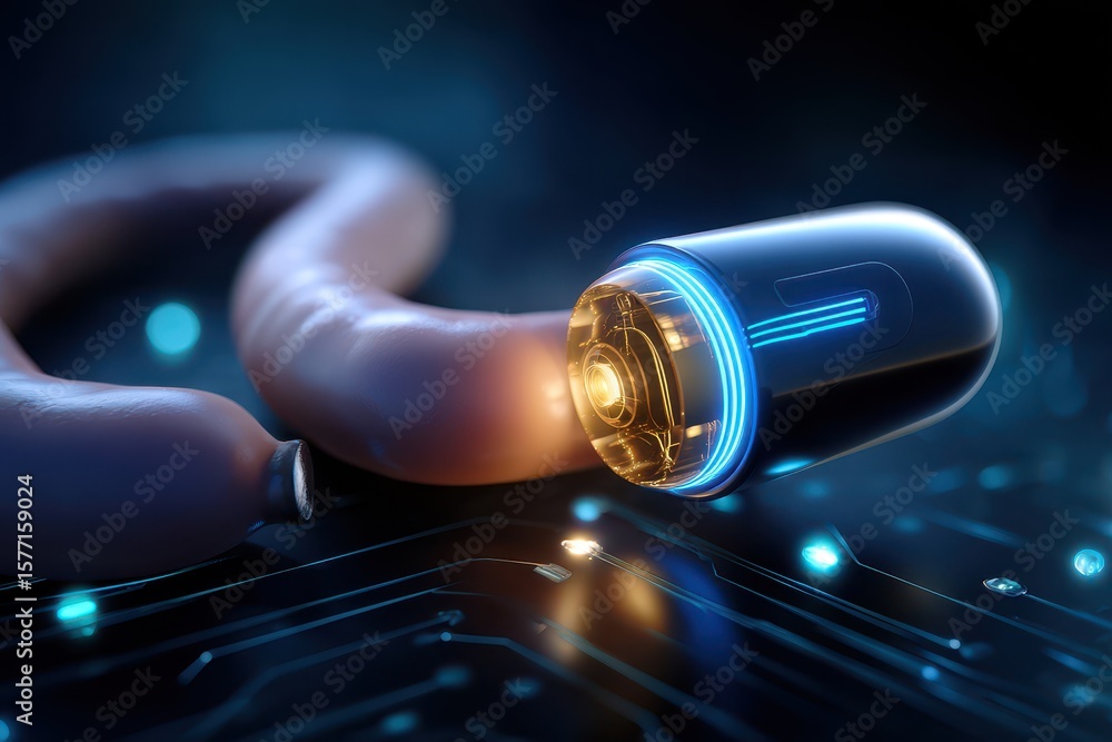Poster close-up view of a futuristic device on a circuit board with glowing elements in a high-tech setting