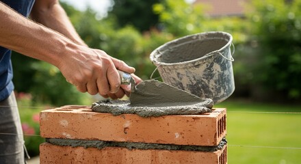 Close-up of mason holding bucket with wet cement