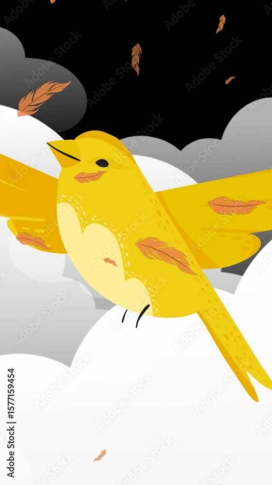 Poster Animation of feathers falling over bird and clouds icons on black background