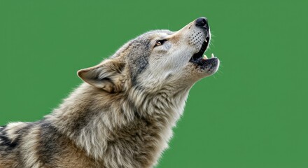 Fototapeta premium Majestic Wolf Howling Against Green Background, Powerful Wildlife Portrait