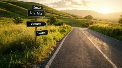 a road with milestones labeled "Set Goal", "Take Action", "Overcome", and "Succeed", scenic landscape style,