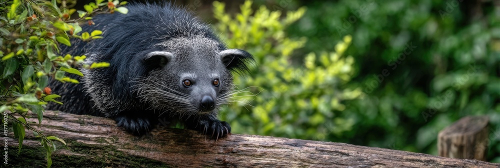 Poster binturong climbing on a log amidst lush greenery in soft light showcasing its unique features and be