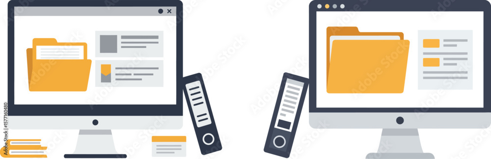 Poster two computer screens display file folders, with binders and documents nearby, illustrating digital o