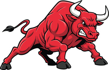 Angry red bull cartoon – powerful muscular animal mascot with horns – ideal for sports logos, team branding, finance symbols, or aggressive illustrations