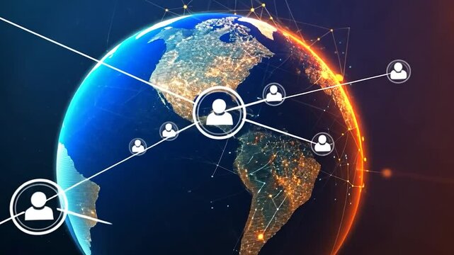 A digital representation of Earth interconnected with networks and vibrant lights.