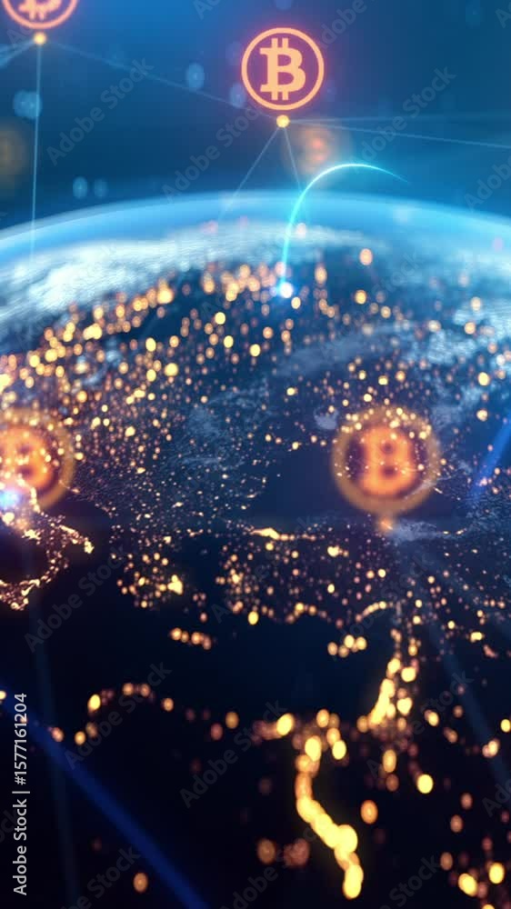 Poster global bitcoin blockchain network animation - cryptocurrency world map, digital finance, data flow, 