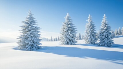 Three snow-laden evergreens stand in a pristine, sun-drenched snowy field, their shadows stretching long across the pristine white expanse, under a vibrant blue sky