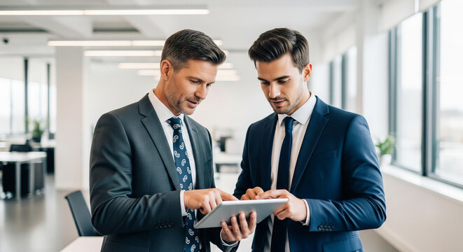 Business people working together in the office, discussing work on a tablet