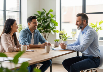 Confident Real Estate Agent Advising Diverse Couple in Relaxed Office Setting
