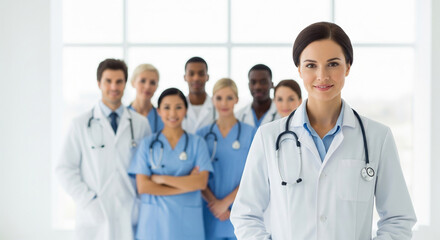 Confident female doctor smiling, leading a diverse team of medical professionals blurred in the background, symbolizing teamwork