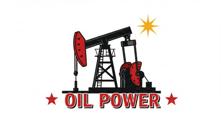 Illustration of an oil pump jack with a starburst and the words oil power below it created with generated ai