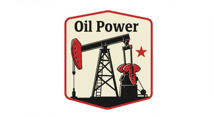 Illustration of an oil derrick with a red star in a badge with the words oil power at the top design created with generated ai
