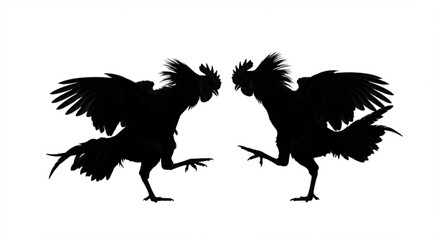 Silhouette of two roosters facing each other in a fighting stance on a white background image view created with generated ai