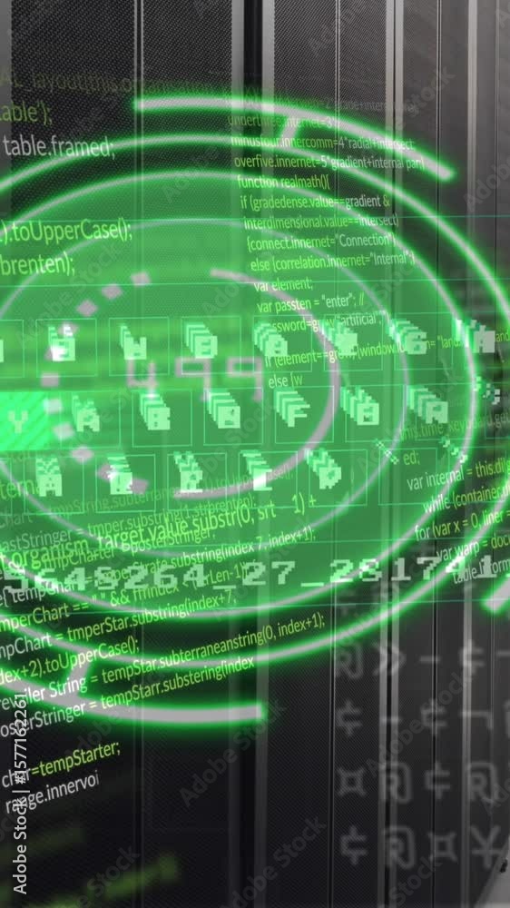 Poster animation of green circle with data over servers