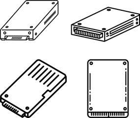 Icon Set different perspectives of modern solid-state drive components, illustrated in line art.