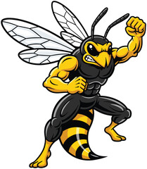 Strong hornet mascot, muscular wasp cartoon character, aggressive flying insect, superhero bug vector, yellow black bee warrior, sports logo, powerful insect illustration.
