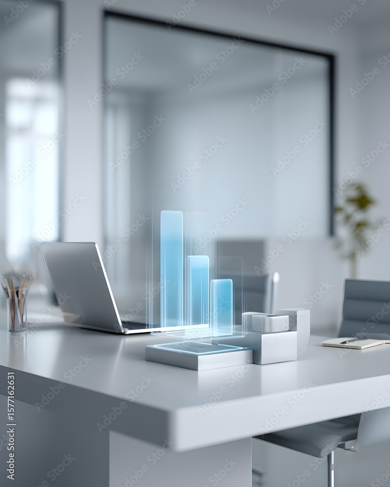 Poster smart ai assistant hologram projecting over desk, business and technology integration