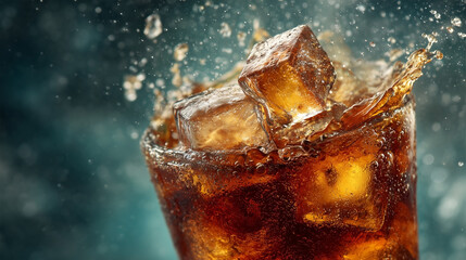 A glass of soda with ice cubes in it