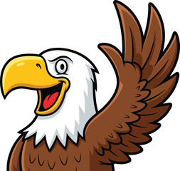 Smiling cartoon eagle mascot, patriotic bird character design, bald eagle with raised wing, happy flying symbol, vector illustration, American bird logo, animated artwork.