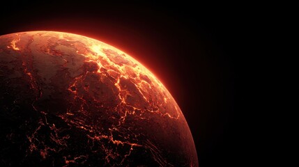 A hot planet against blackness of space showing burning and melting surface