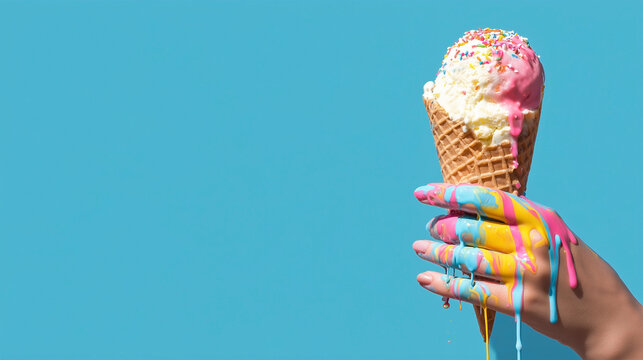 A hand holding a melting ice cream cone with colorful paint dripping from it