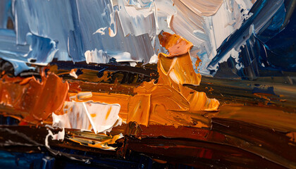 Abstract patterns of oil or acrylic paint, color palette, creating sharp contrasts between cool and warm
