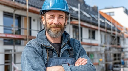 A construction worker in a blue helmet, standing with his arms crossed in front of a building under construction