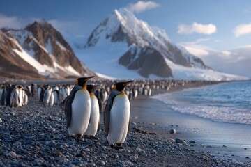 Penguins gather along the rocky shore with mountains and ocean in the background during a clear day in Antarctica
