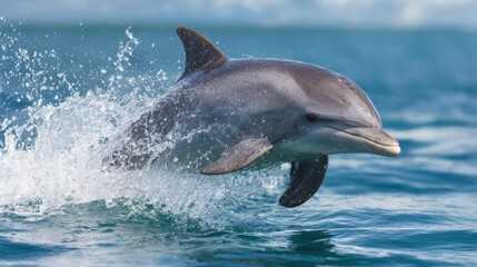 A dolphin leaps out of the ocean, displaying impressive agility, with crystal-clear water surrounding it