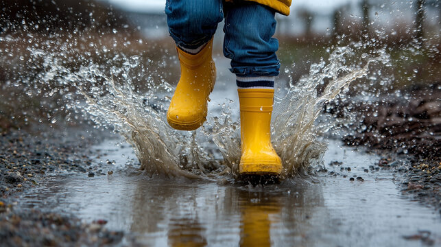 A person in yellow rain boots is splashing through a puddle