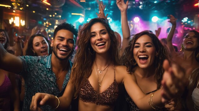 Joyful faces in a lively nightclub setting, dancing to music and enjoying themselves 