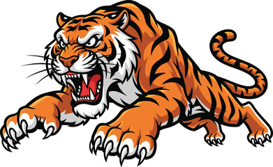 Aggressive tiger mascot, roaring wild animal illustration, fierce jungle predator, cartoon tiger artwork, wildlife logo design, attacking tiger vector, sports emblem art.