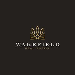 Elegant real estate logo template with a gold crown symbol and serif typography, perfect for premium property branding and upscale identity.