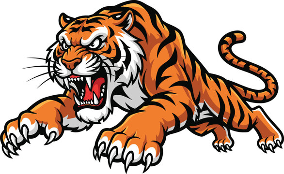 Aggressive tiger mascot, roaring wild animal illustration, fierce jungle predator, cartoon tiger artwork, wildlife logo design, attacking tiger vector, sports emblem art. - Powered by Adobe