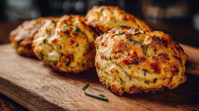 Delicious savory scones on a rustic wooden board, a perfect treat