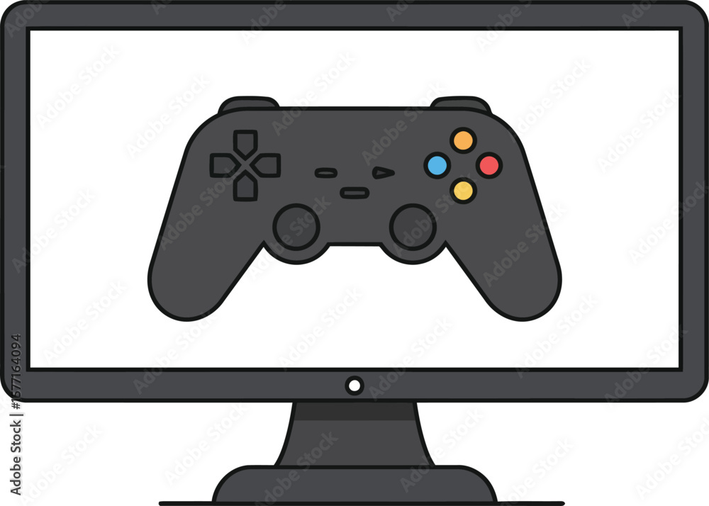 Poster a video game controller displayed on a computer monitor, ready for play.