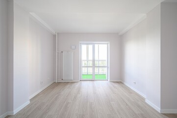 Bright, empty room with light wood floors, pale walls, white trim, and a white door. Minimalist interior, clean and ready for furnishing