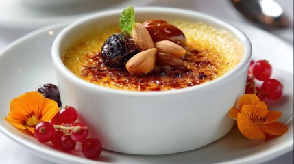 A Gourmet Dessert Presented in a Stylish White Bowl and Garnished with Berries