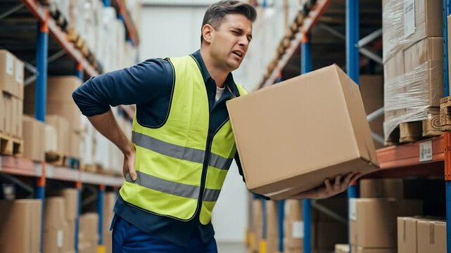 Warehouse worker experiencing back pain while lifting a heavy cardboard box among shelves.