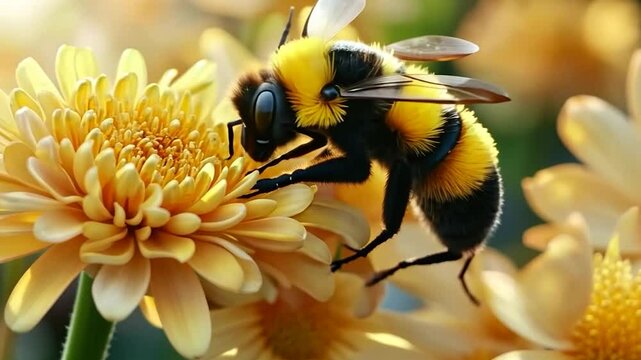 A close-up of a bumblebee pollinating a yellow flower in a vibrant garden setting.
