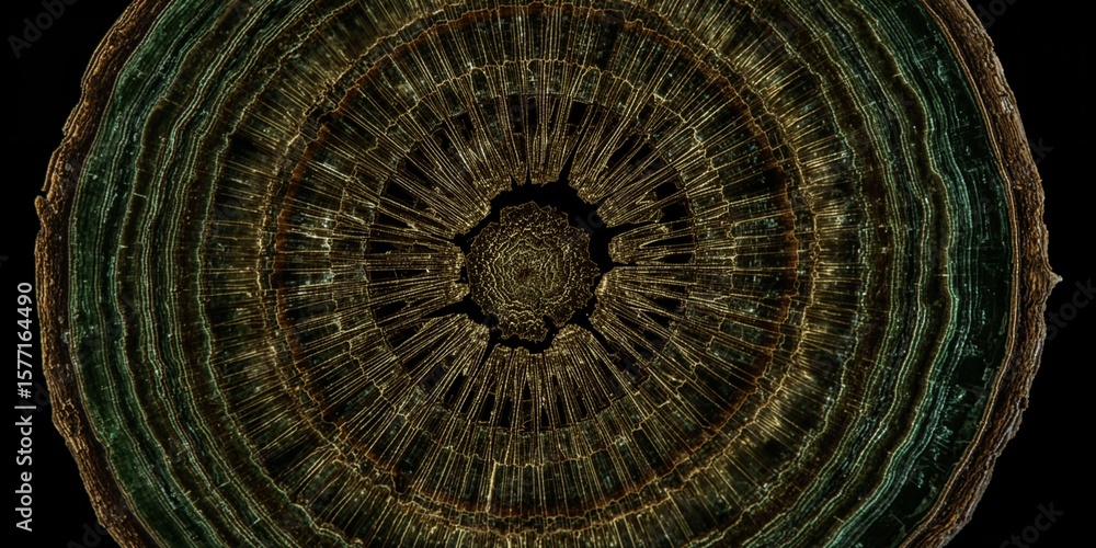 Poster a close up view of a tree trunk cross section with visible rings and a dark center on black backdrop