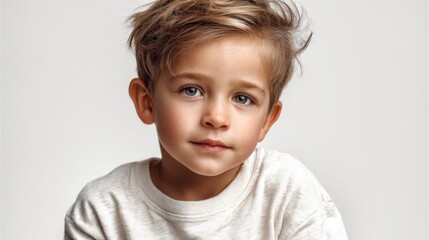 A charming little boy with a serious expression, with blonde hair and a tender look